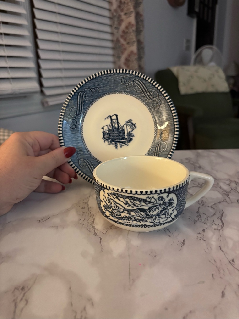 Vintage Currier & Ives  Blue and White Porcelain Teacup with Saucer